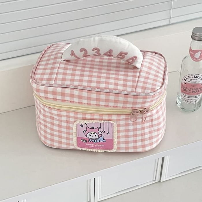 Animal Applique Plaid Fabric Makeup Bag - Pink / One Size