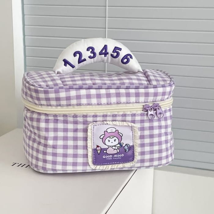 Animal Applique Plaid Fabric Makeup Bag - Purple / One Size