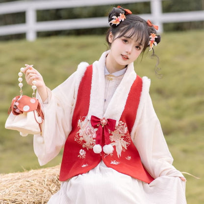 Animal Embroidered Fluffy Trim Hanfu Vest