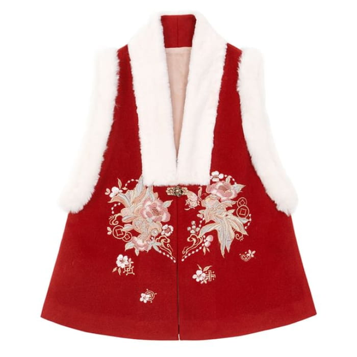 Animal Embroidered Fluffy Trim Hanfu Vest - Red / S