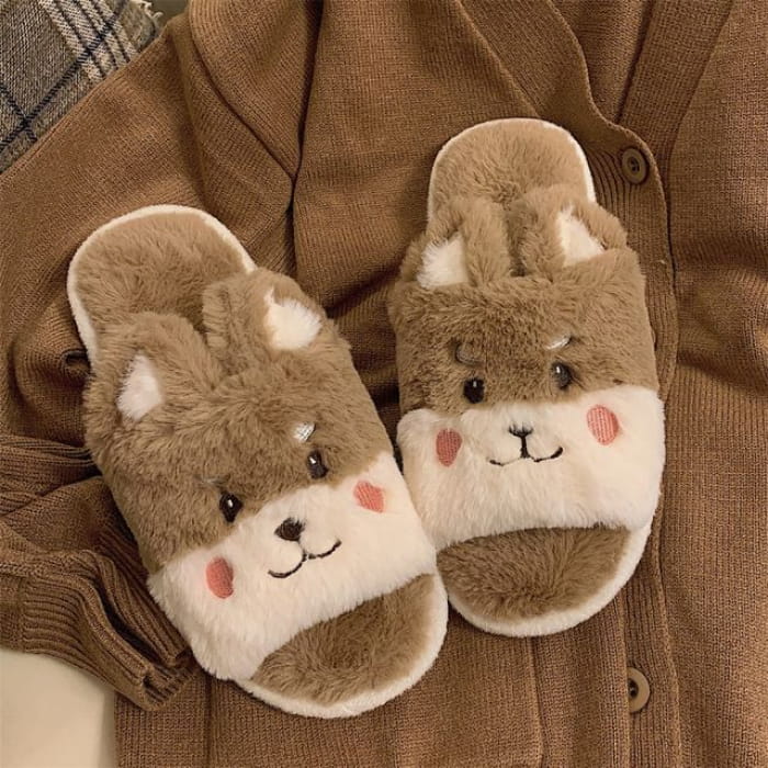 Animal Fleece Home Slippers - White & Brown / 36 To 37