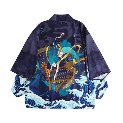 Anime Sea Print Loose Cardigan Kimono Outerwear - Blue / M