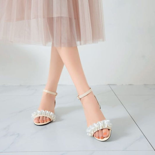 Ankle Strap Ruffle Trim Low Heel Sandals