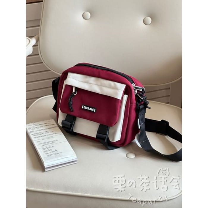 Applique Buckled Crossbody Bag / Badge / Charm / Set - Wine