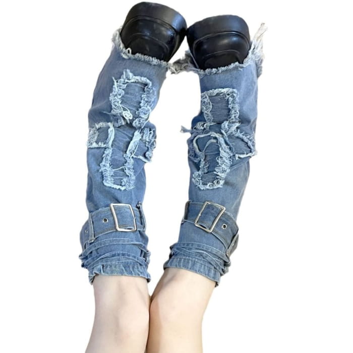 Applique Fringed Trim Buckled Denim Leg Warmers