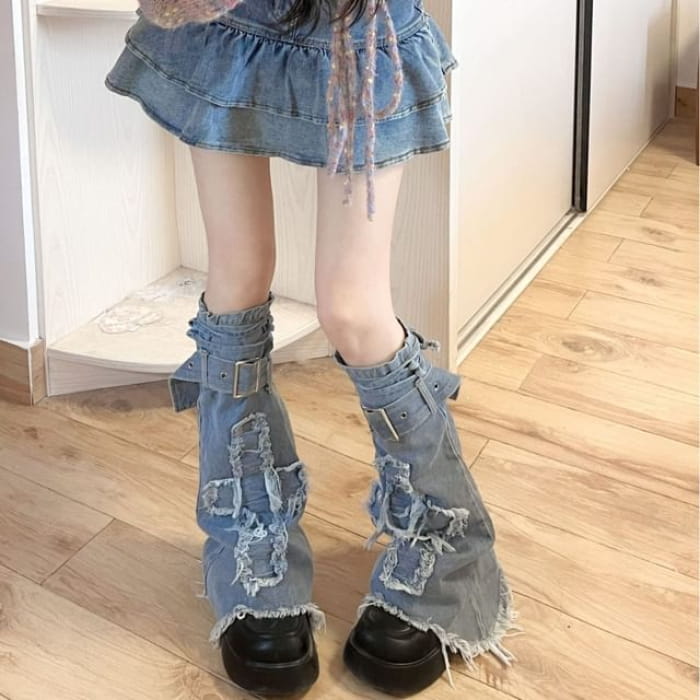 Applique Fringed Trim Buckled Denim Leg Warmers - Blue / S