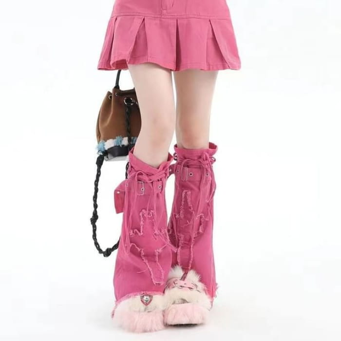 Applique Fringed Trim Buckled Denim Leg Warmers - Rose Pink