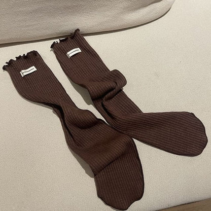 Applique Lettuce Edge Socks - Brown / One Size