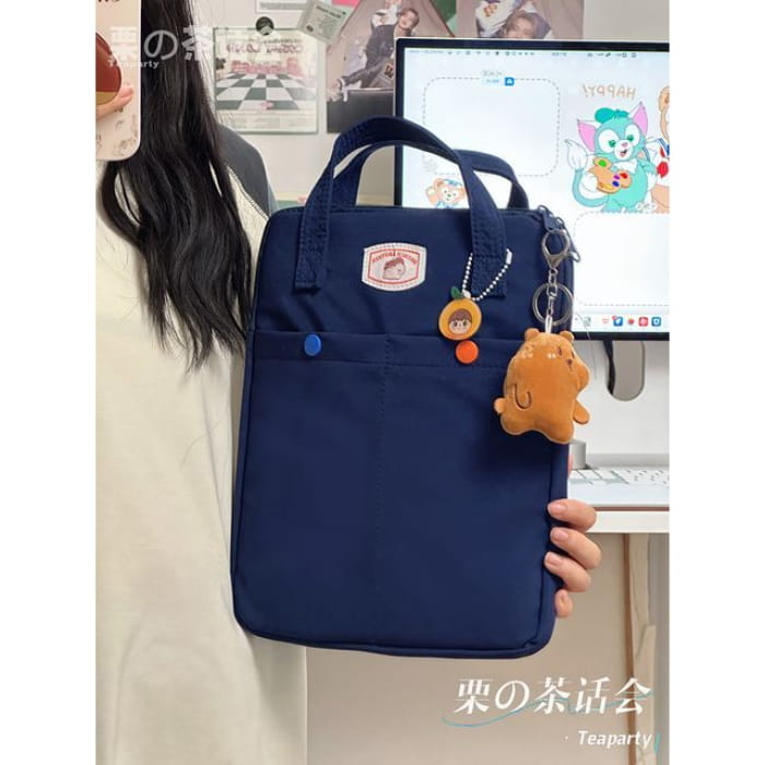 Applique Tote Bag / Charm / Set - With Bear - Navy Blue / S