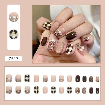 Argyle Faux Nail Tips - A197 - Glue Edition - Brown