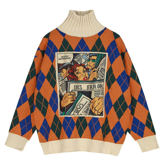 Argyle Pattern Turtleneck Sweater - S / Orange