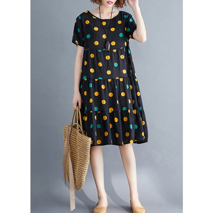 Art Yellow Dot Print Patchwork Holiday Mid Dress Short