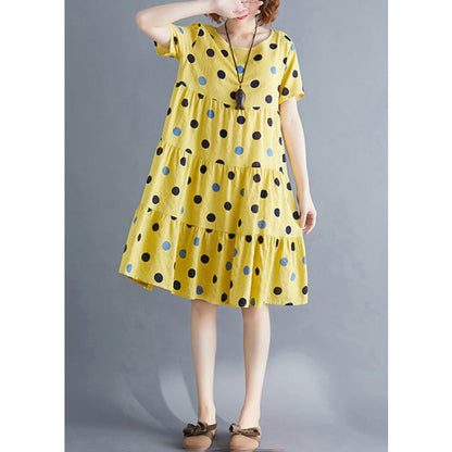 Art Yellow Dot Print Patchwork Holiday Mid Dress Short