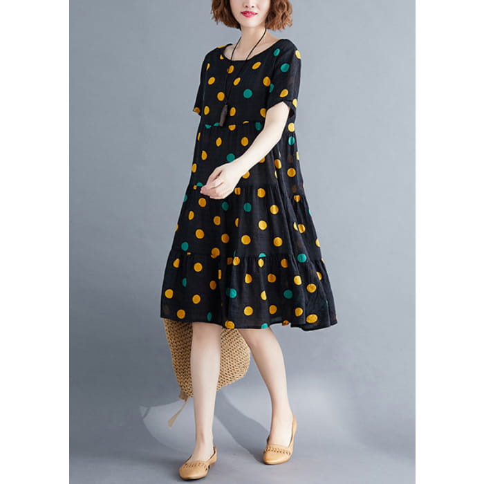 Art Yellow Dot Print Patchwork Holiday Mid Dress Short