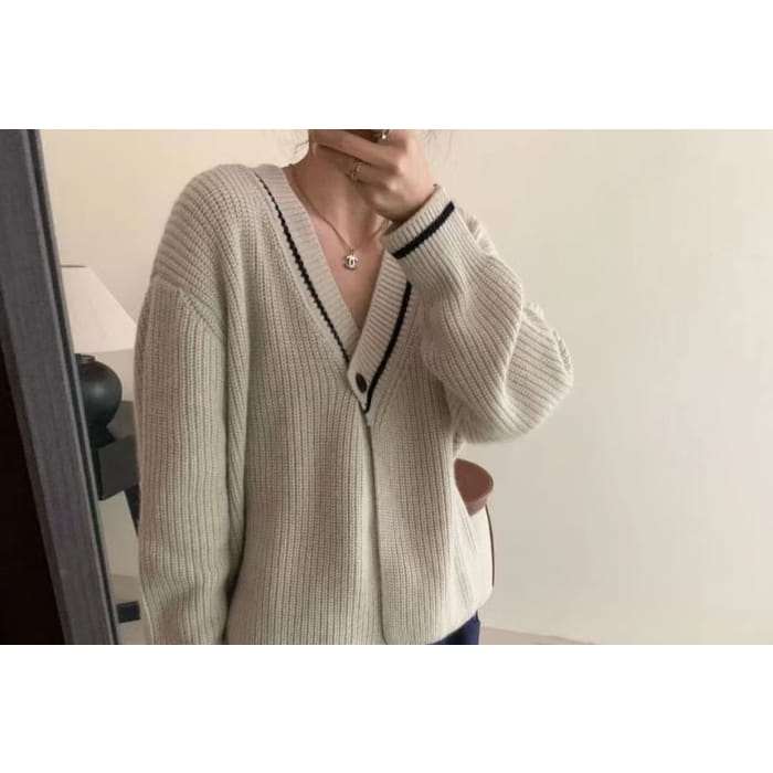 Asymmetrical One-Button V-Neck Knit Top