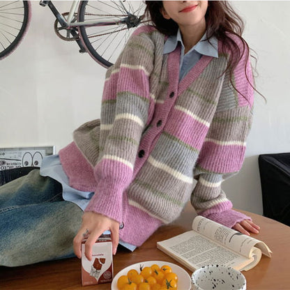 Autumn Aesthetic Striped Cardigan - S / Purple