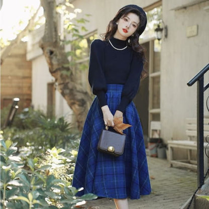 Balloon Sleeve Mock Neck Plain Sweater / High Waist Plaid