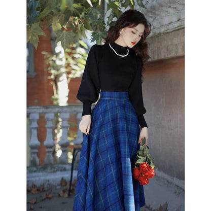 Balloon Sleeve Mock Neck Plain Sweater / High Waist Plaid