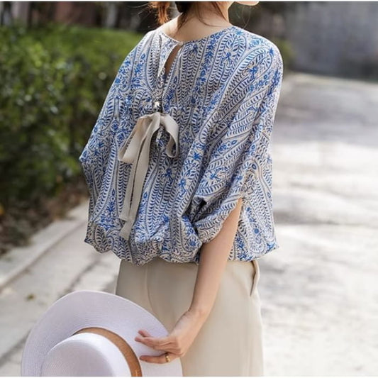 Balloon Sleeve Round Neck Floral Print Tie Back Blouse