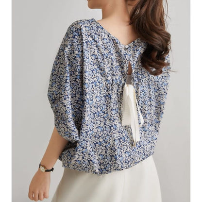 Balloon Sleeve Round Neck Floral Print Tie Back Blouse