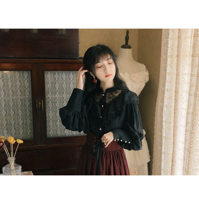 Band Collar Plain Lace Panel Blouse / High Waist Midi