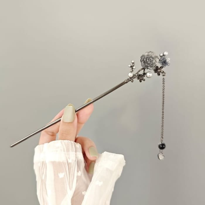 Beaded Alloy Hair Stick - F527 - Silver / One Size