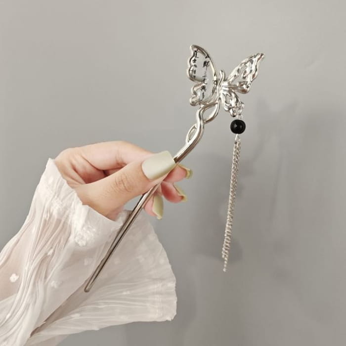 Beaded Alloy Hair Stick - F530 - Silver / One Size