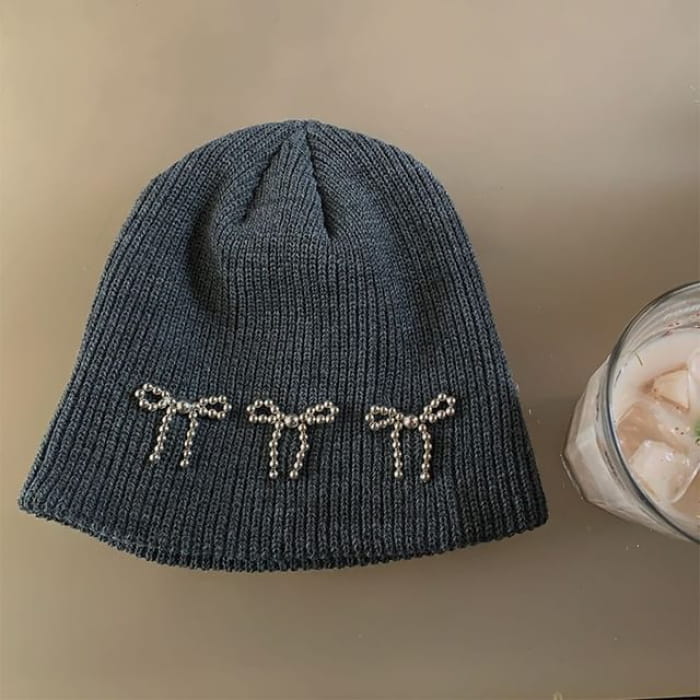 Beaded Ribbon Beanie - Gray / One Size