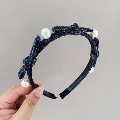 Beaded Ribbon Denim Headband - Dark Blue / One Size - Hair