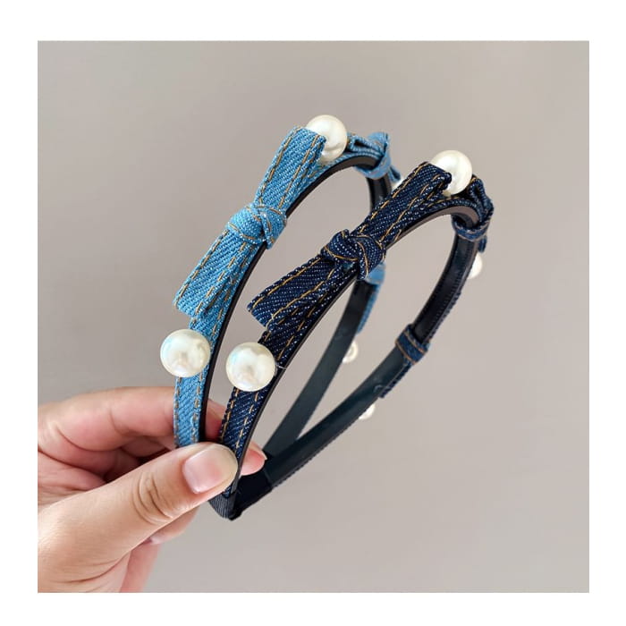 Beaded Ribbon Denim Headband - Hair Fashion Accessories