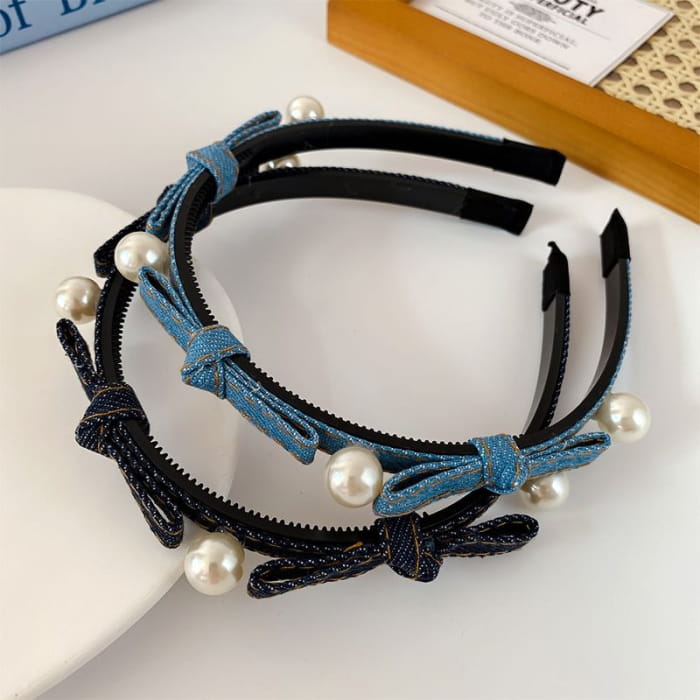 Beaded Ribbon Denim Headband - Hair Fashion Accessories