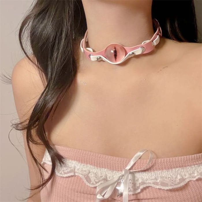 Beaded Studded Faux Leather Choker - Pink / One Size