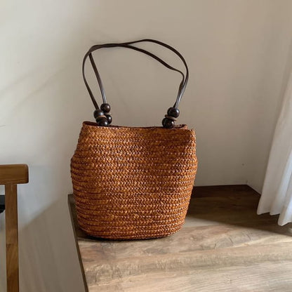 Beaded Woven Tote Bag - Brown / One Size