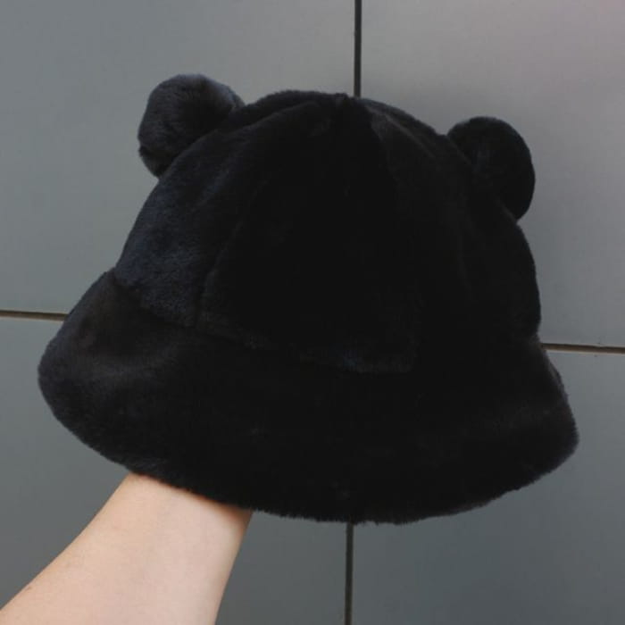 Bear Ear Chenille Bucket Hat - Plain - Black / M