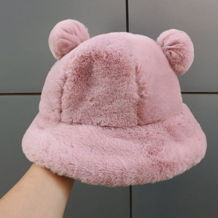 Bear Ear Chenille Bucket Hat - Plain - Pink / M