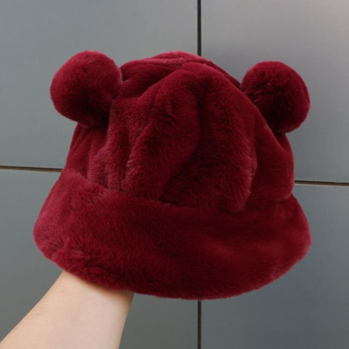 Bear Ear Chenille Bucket Hat - Plain - Wine Red / M