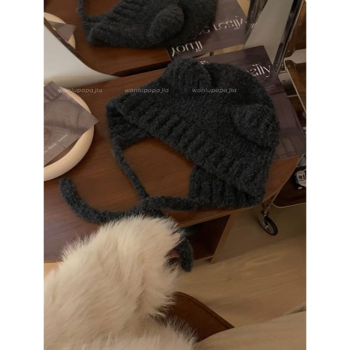 Bear Ear Knit Beanie - Dark Gray / One Size