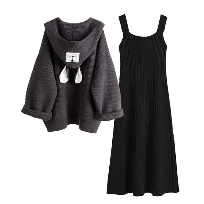 Bear Ears Hooded Cardigan Sweater Slip Dress Set