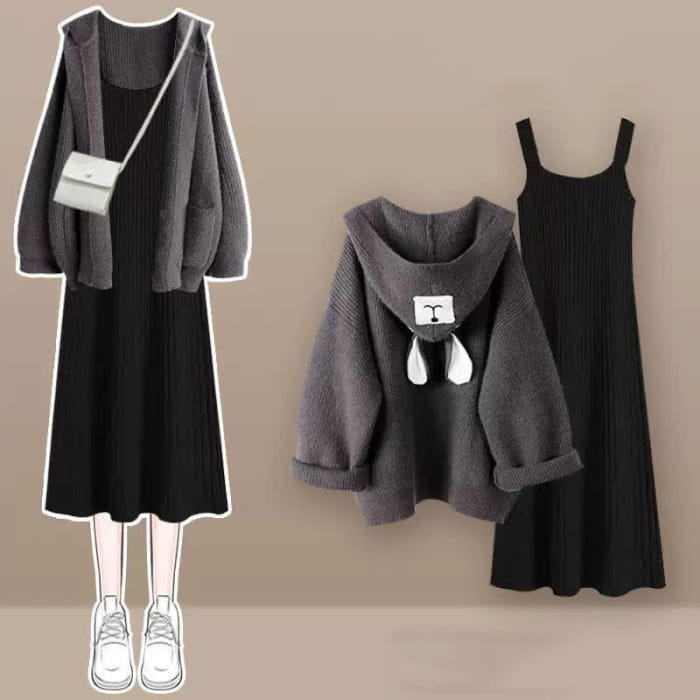 Bear Ears Hooded Cardigan Sweater Slip Dress Set