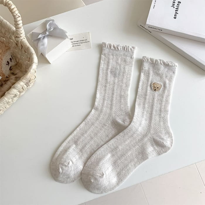 Bear Embroidered Frill Trim Socks