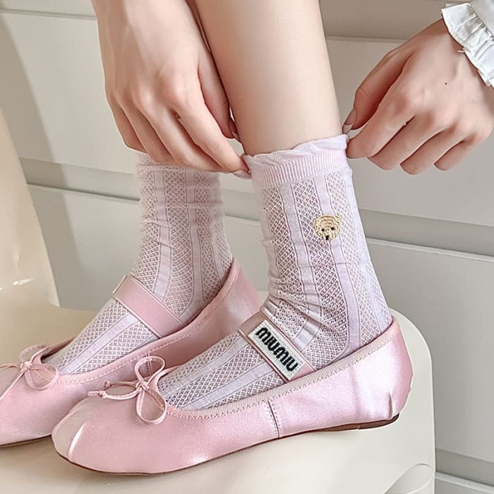 Bear Embroidered Frill Trim Socks