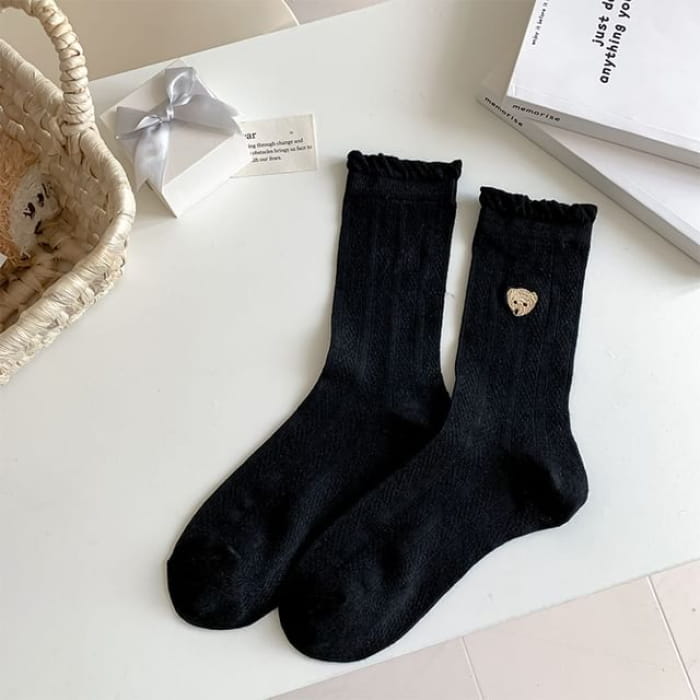 Bear Embroidered Frill Trim Socks - Black / One Size