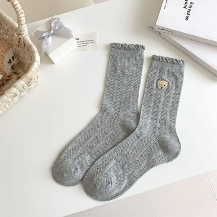 Bear Embroidered Frill Trim Socks - Gray / One Size