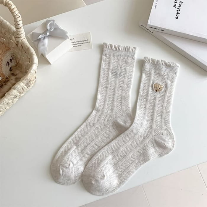 Bear Embroidered Frill Trim Socks - Khaki / One Size