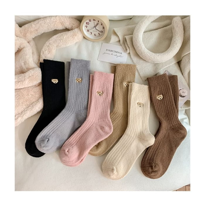 Bear Embroidered Ribbed Short Socks Set