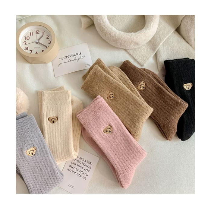 Bear Embroidered Ribbed Short Socks Set