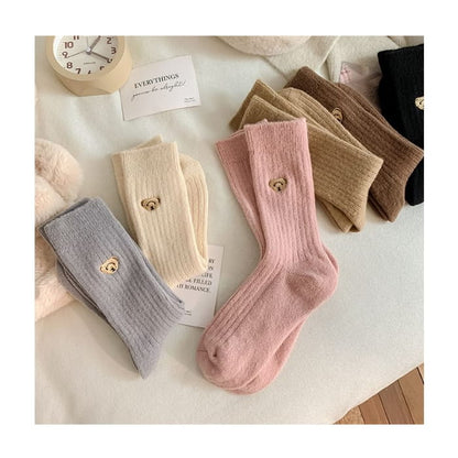 Bear Embroidered Ribbed Short Socks Set