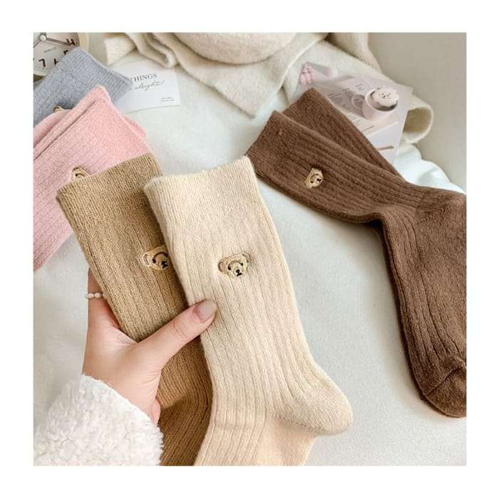 Bear Embroidered Ribbed Short Socks Set