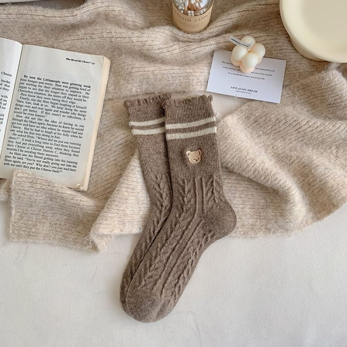 Bear Embroidered Striped Socks