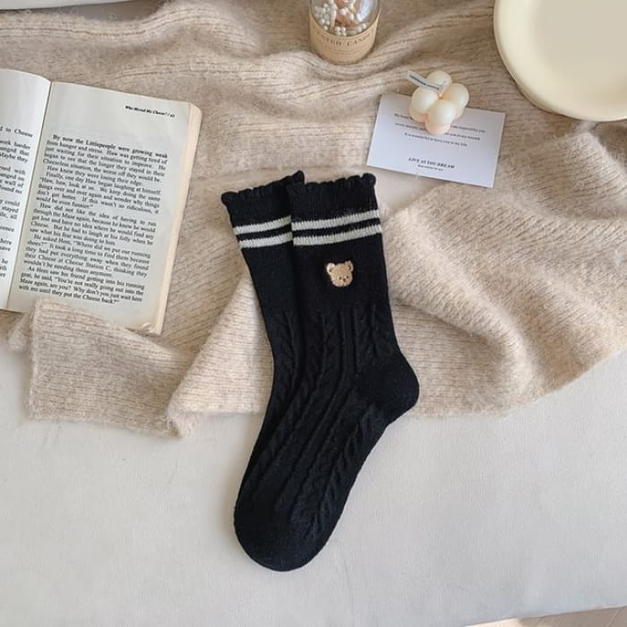 Bear Embroidered Striped Socks - Black / 35-40cm